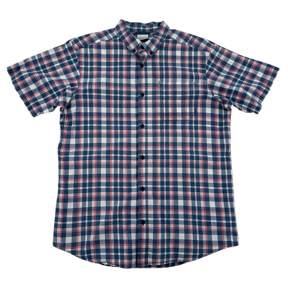 Columbia Plaid Short Sleeve Button Up Shirt Blue Red White Casual Mens Size L
